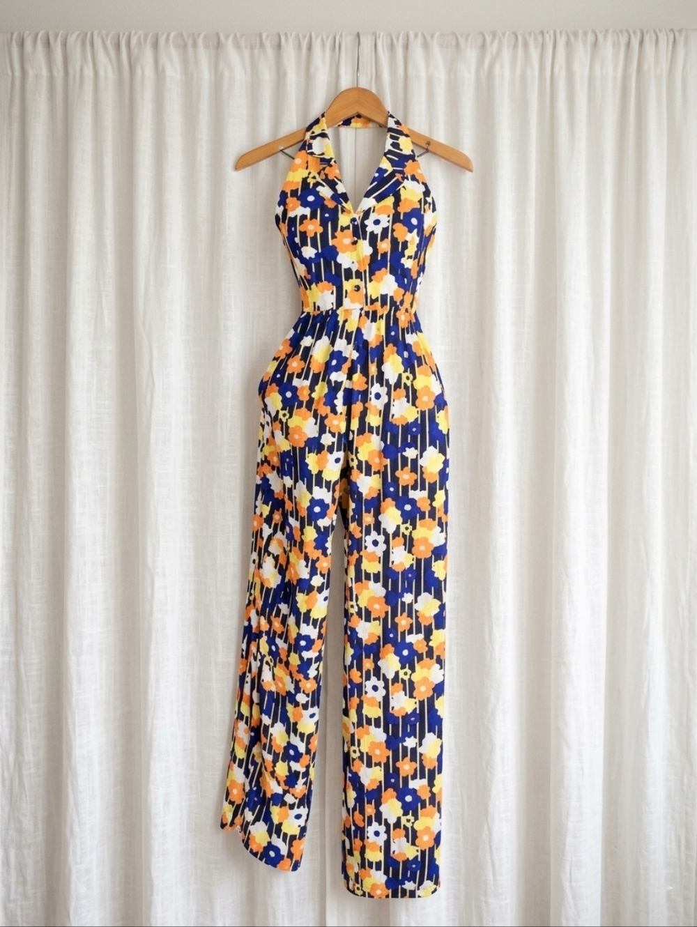 ModCloth Genuine Genius Navy Blue Orange Bold Retro Floral Print Halter Jumpsuit